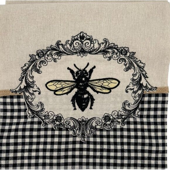 Sassy Bee Embroidered Table Runner 72”x 13” Tan Black Linen Look NEW - Picture 3 of 8